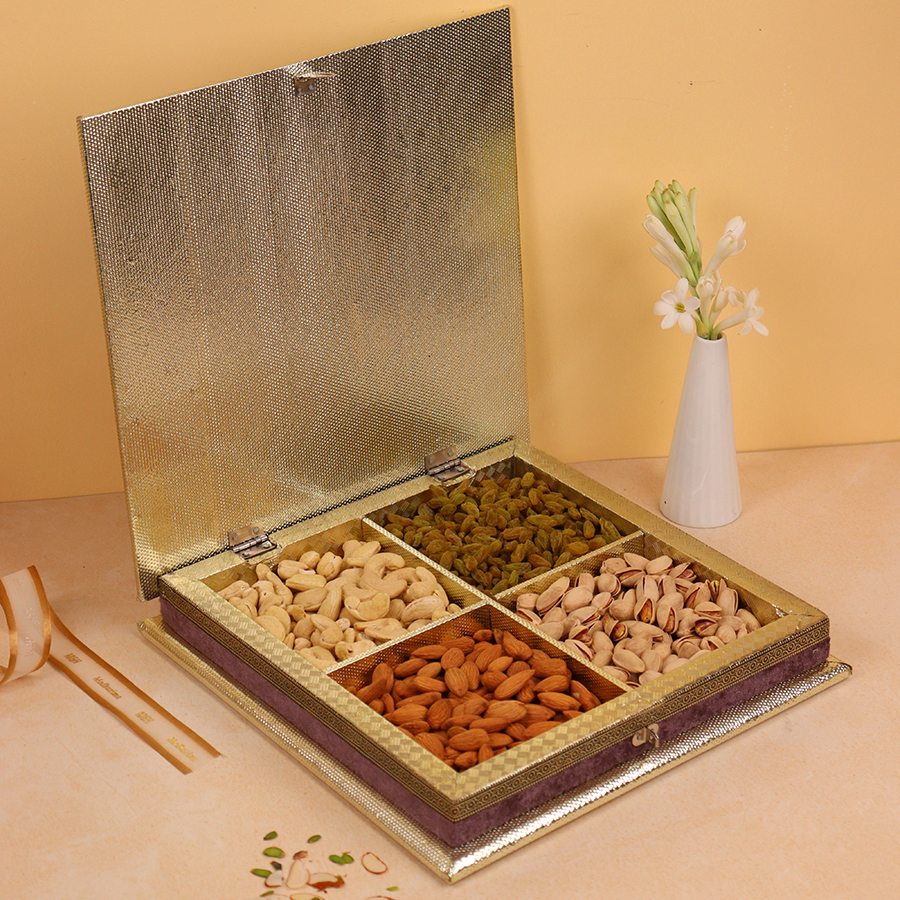 Royal Four-Section Dry Fruit Box with Rakhi & Roli Chawal